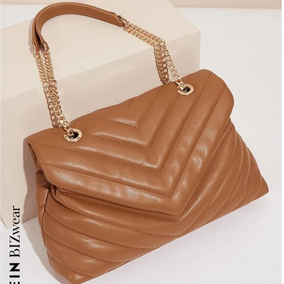 SHEIN BIZwear Chevron Flap Shoulder Bag Brown - Picture 3 of 6